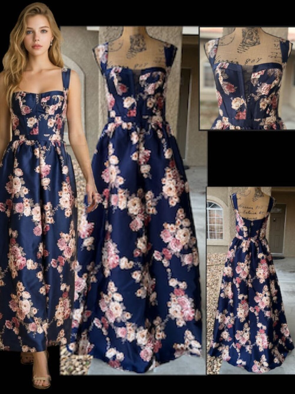 Lulus Elegant Pick Navy Blue Floral Sleeveless Bustier Maxi Dress Size M NEW